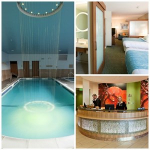 Springhill Suites pool, lobby and guest room.