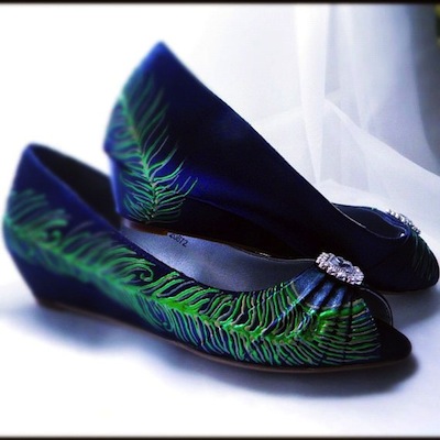 wedding shoes navy blue peacock feather custom wedge bridal accessory low heel peep toe-f32450