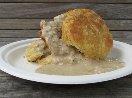 Chicken on a biscuit with mushroom gravy, Pine State Biscuits, Portland Farmers' Market