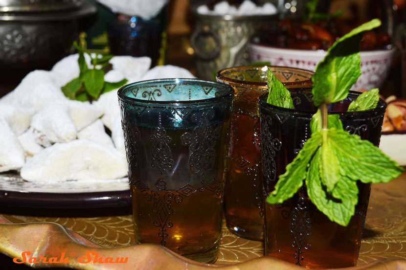 Moroccan tea glasses with sweet mint tea