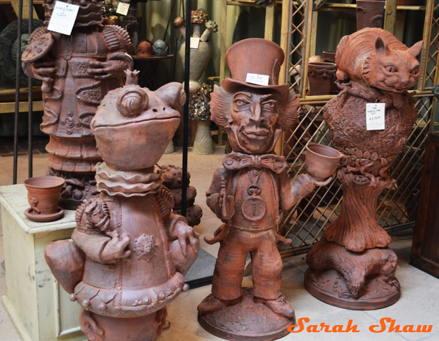Whimsical garden statues from Goff Creek Pottery at the Antique and Garden Fair, Chicago