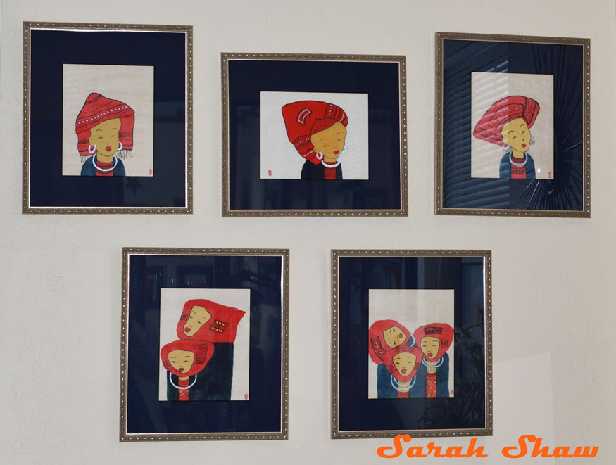 Cusom framed paintings of Red Dao women from Vietnam
