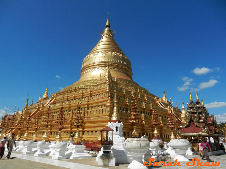 Shwezigon Pagoda near Bagan, Myanmar is covered in gold leaf