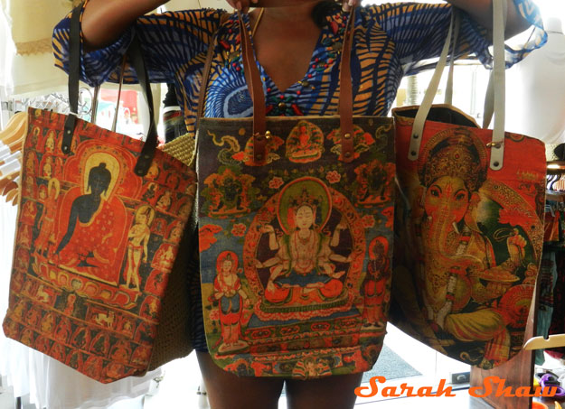 Colorful totes from India offered by Bagus in Tamarindo, Costa Rica