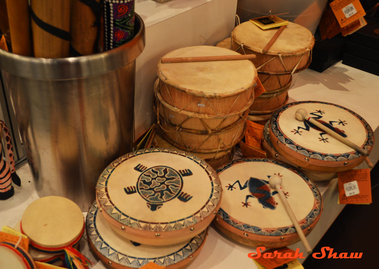 A selection of Native American drums at the ROM Museum Store