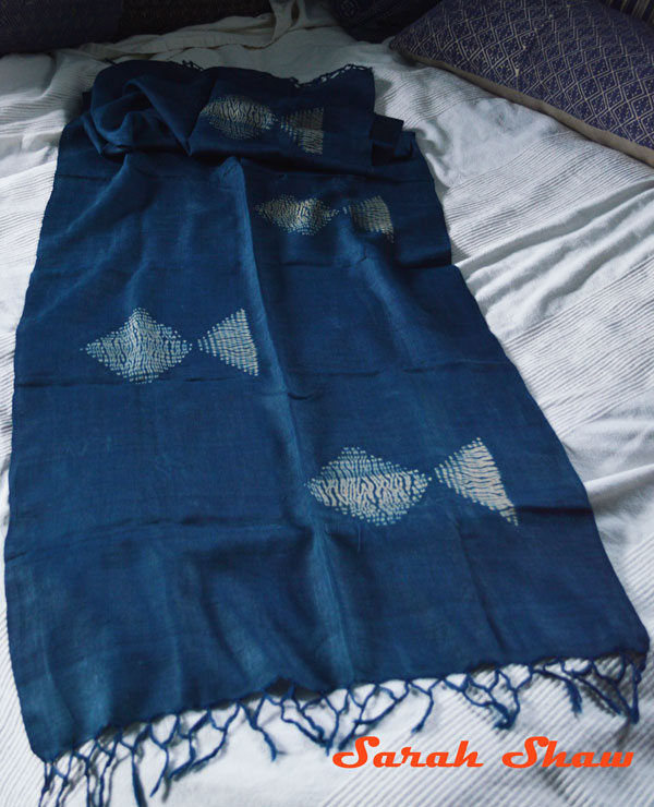 Indigo shibori silk scarf