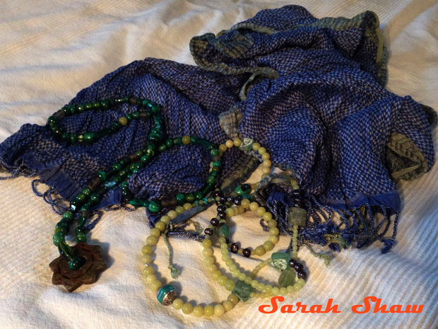 Silk scarf with necklaces