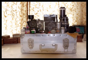 Camera case, metal camera case, Soviet Leica, Rolls camera, Kodak film canister, Brownie canister, old cameras, old camera equipment