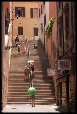 Green Parasol, parasol, umbrella, steps of Rome, Rome, Italy, Tourists in Italy