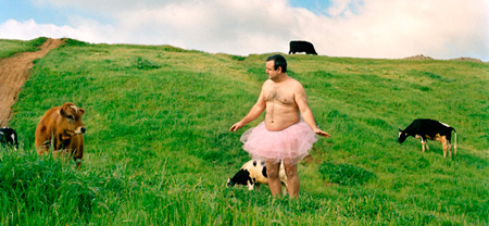 Breast Cancer fundraiser, man in pink tutu, pink tutu, cancer fundraiser, loving husband, funny self portrait, self portrait with cows