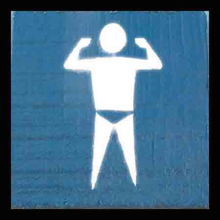 Italian man in swim trunks, bathroom sign with man in swim wear