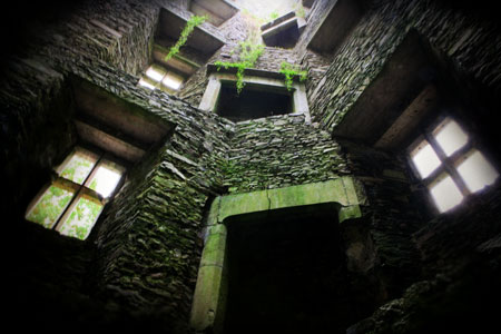 Fireplaces from each floor of a crumbling castle