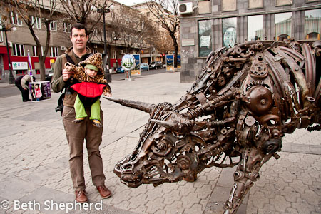 Checking out the metal bull in Yerevan