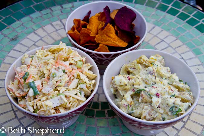 Fennel coleslaw, potato salad and chips