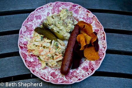 Fennel coleslaw, potato salad, pickles, bison hotdogs and chips
