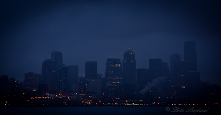 Seattle from Puget Sound at night on the ferry