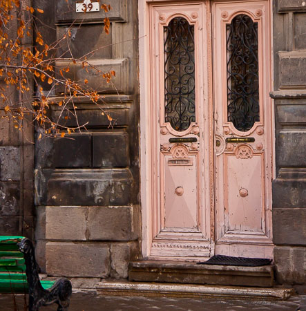 pink doors green bench