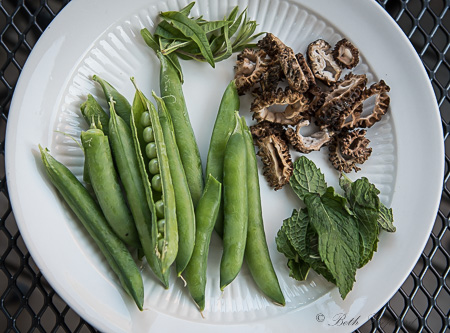 Peas, morels, spearmint, lemon verbena