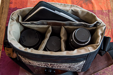 Three lenses and Kindle in a Porteen bag