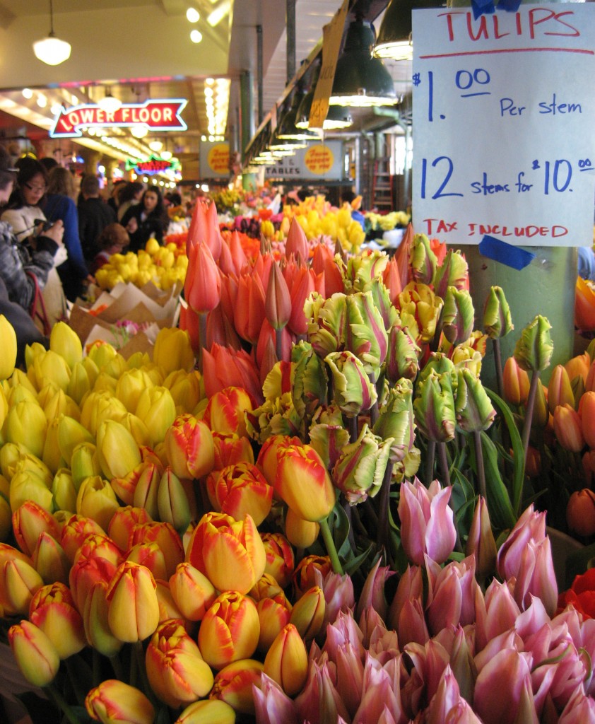 Spring tulips for sale at Pike Place Market (photo by Angela Dollar)