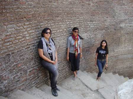 Besties exploring step well at Champaner