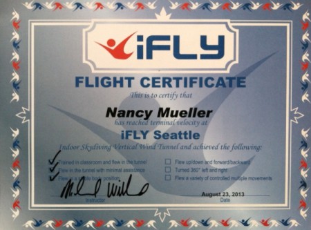 Nancy Mueller iFLY Certificate