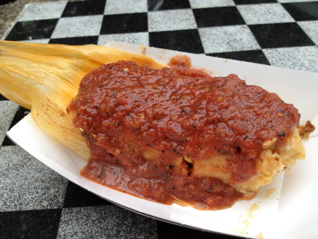 Spicy pork tamale, Salvador Molly's, Portland Farmers Market, Portland, OR