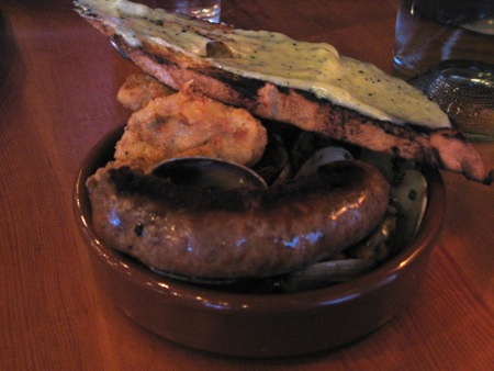 Seafood, sausage, and plankton aioli crouton, Clyde Common, Portland, OR