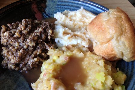 Haggis with tatties and neeps, and yorkshire pudding