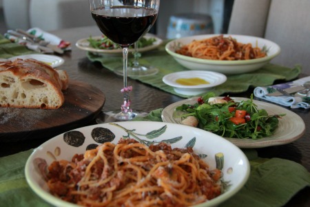 Spaghetti Dinner wine bread salad family recipe