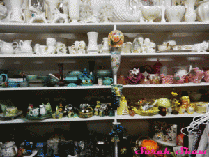 Merchandise is arranged by color at an antique store