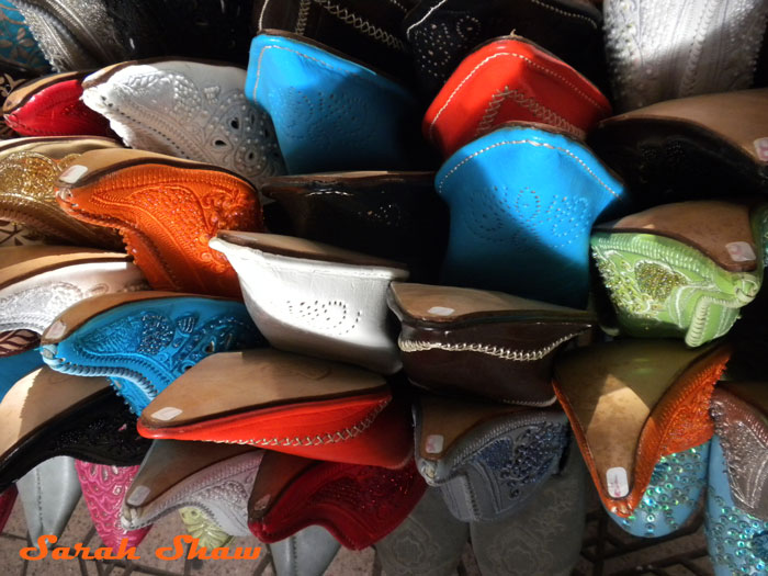 Babouche come in many colors in the market stalls of Marrakesh