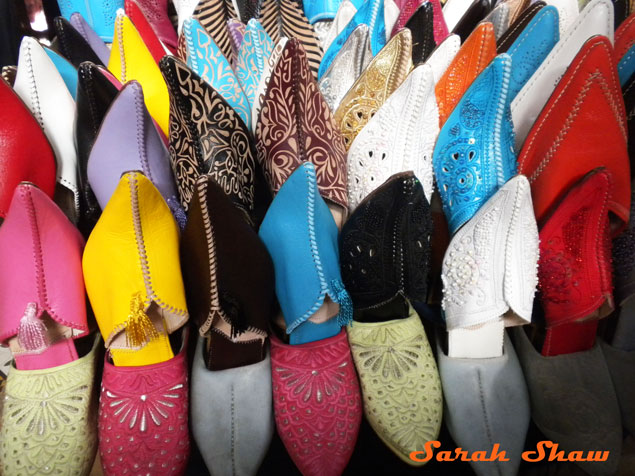 Babouche for sale in a market stall in a Marrakesh souk