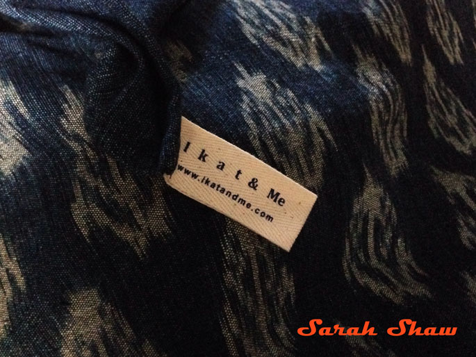 Ikat and Me tag on a tea towel