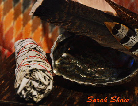 Smudge stick, shell and feathers