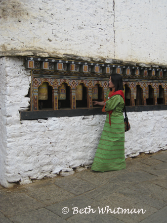 Kinley at Prayer Wheels in Bhutan